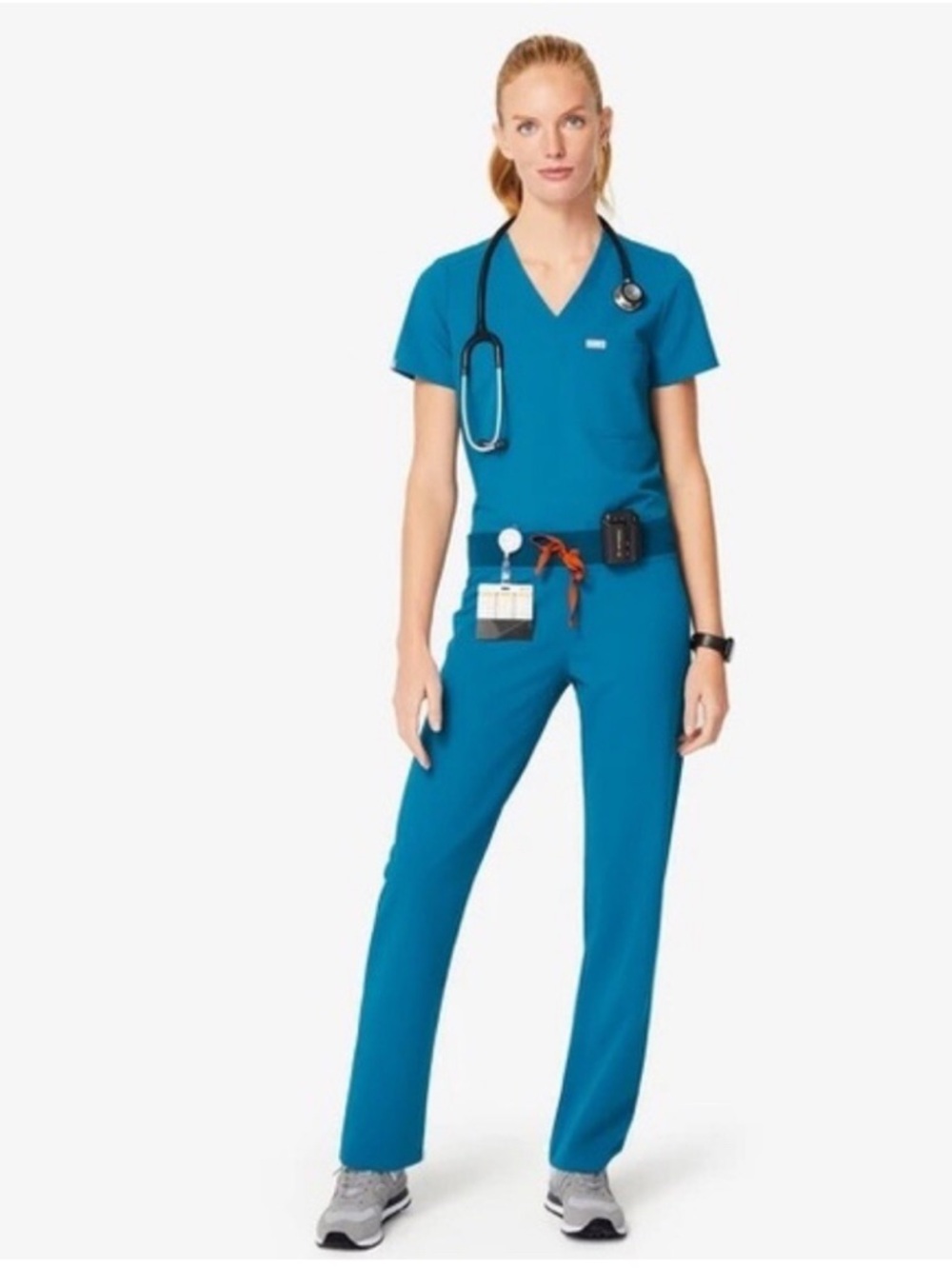 Figs SET Straight Leg Scrub Pants & Top in Teal with Orange Drawstring S